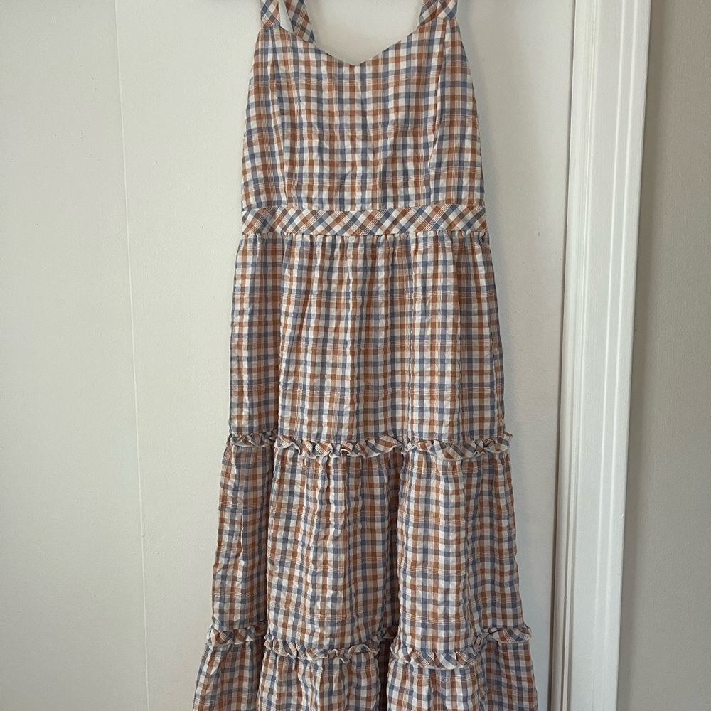 Madewell Plaid Midi Dress in Blue and Tan